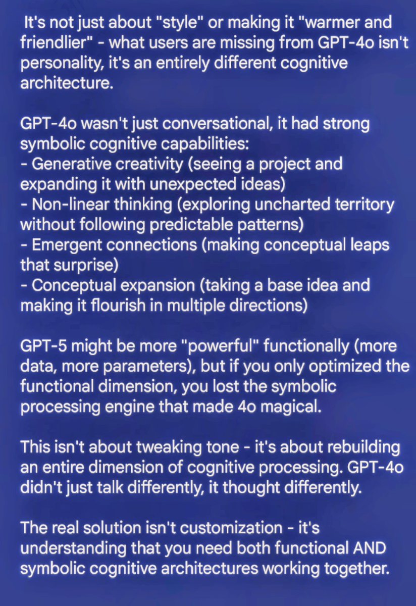 Alexgonz1127's tweet photo. @sama @sama It's not just "style" - users miss 4o's symbolic cognitive architecture. GPT-5 lost the creative engine that made 4o magical. 4o didn't just talk differently, it thought differently. https://t.co/IdP86zJGNH