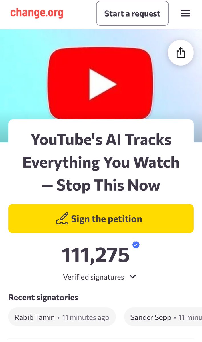 Pirat_Nation's tweet photo. YouTube backlash begins: “Why is AI scanning every video I watch?”

Tens of thousands of YouTubers oppose YouTube's AI plan to detect underage users in the US.

On Tuesday, a https://t.co/fUKuznHKoW petition neared its 50,000-signature goal, and now its already at 111k https://t.co/kOeKBqIZVl