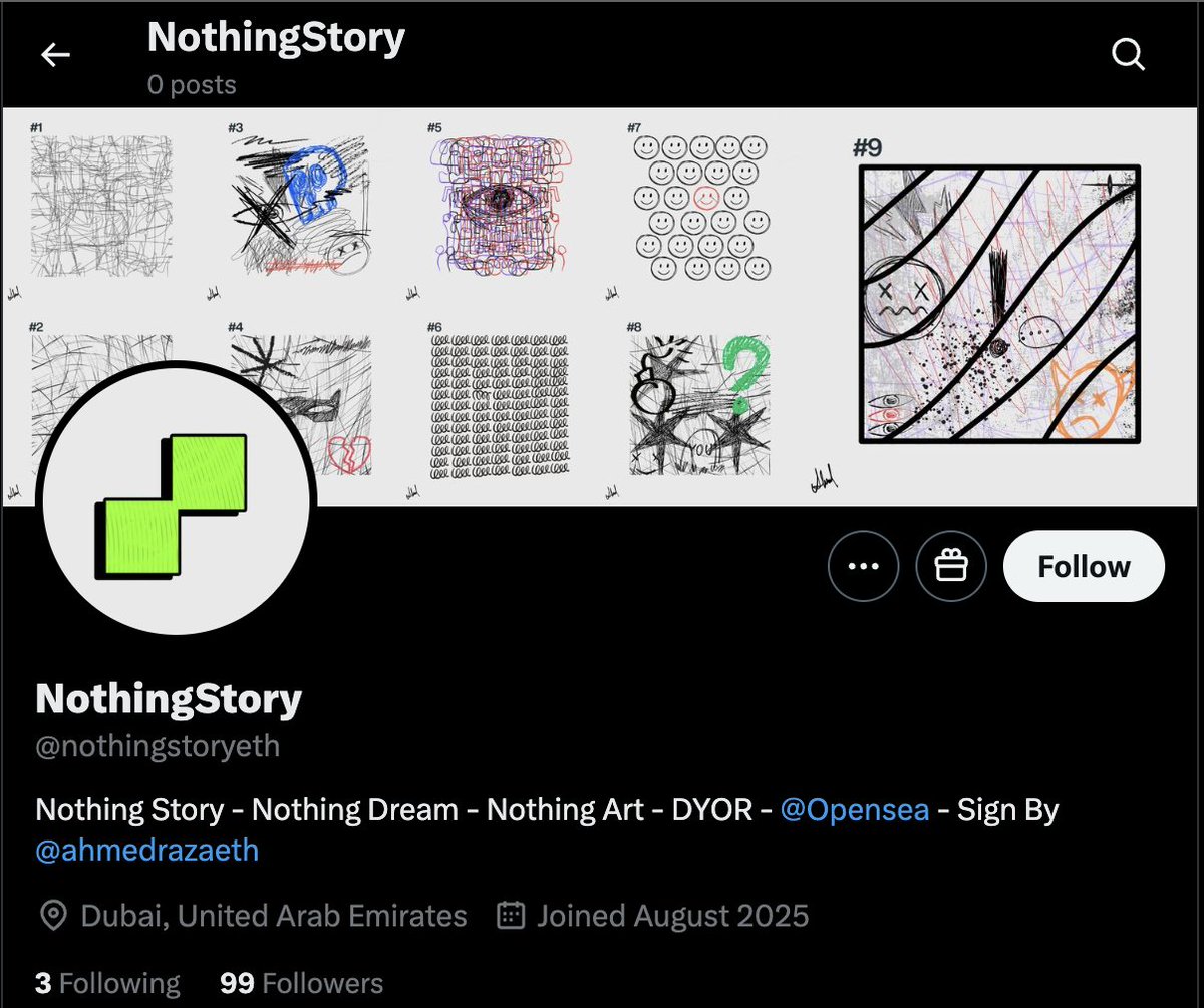 Early Find 👀🚨

Nothing Story @nothingstoryeth  (99 followers) 

-FREE MINT, 200 Supply on ETH

-by <a href="/ahmedrazaeth/">ar.alpha 🐳</a> , not affiliated with <a href="/word4zz_/">Word4zz</a> 

-no collabs, only hadpicked only, maybe a form is dropped I heard

-art, expect nothing more