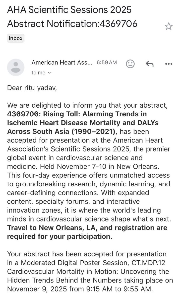 RituYadav_'s tweet photo. Humbled to share that our abstract  investigating IHD in South Asia is accepted for moderated poster presentation at AHA 2025. Our effort to create global awareness about South Asian heart health. #MedTwitter #cardiotwitter #WIC #Cardiologybound #FirstGenMD #AHA2025 #SouthAsian https://t.co/B4yB52y7Di
