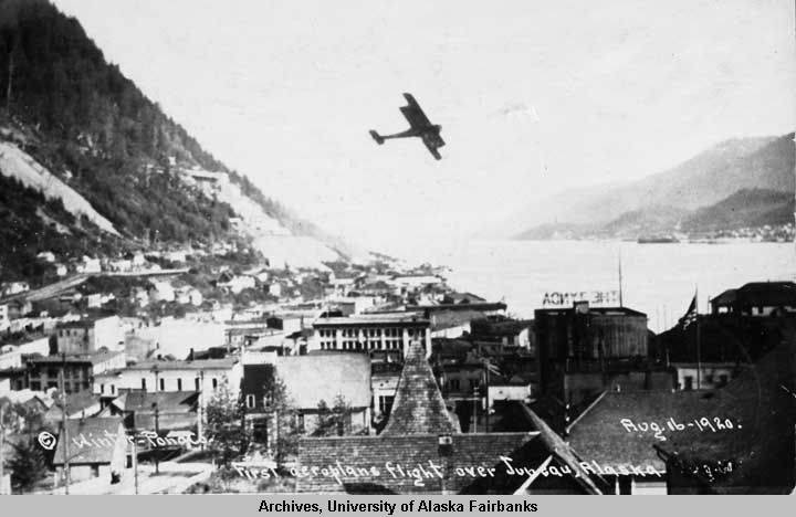 ANC_Historian's tweet photo. Aug 16, 1920, 1st airplane flight in Juneau. Lt. Ross Kirkpatrick flew a DH-4B over town &amp; dropped a New York Times for Gov Thomas Riggs. The visit was part of Black Wolf Squadron's round-trip New York-to-Nome Alaskan Flying Expedition. 105 years ago today. #alaskahistory #alaska https://t.co/dGyqctrQau