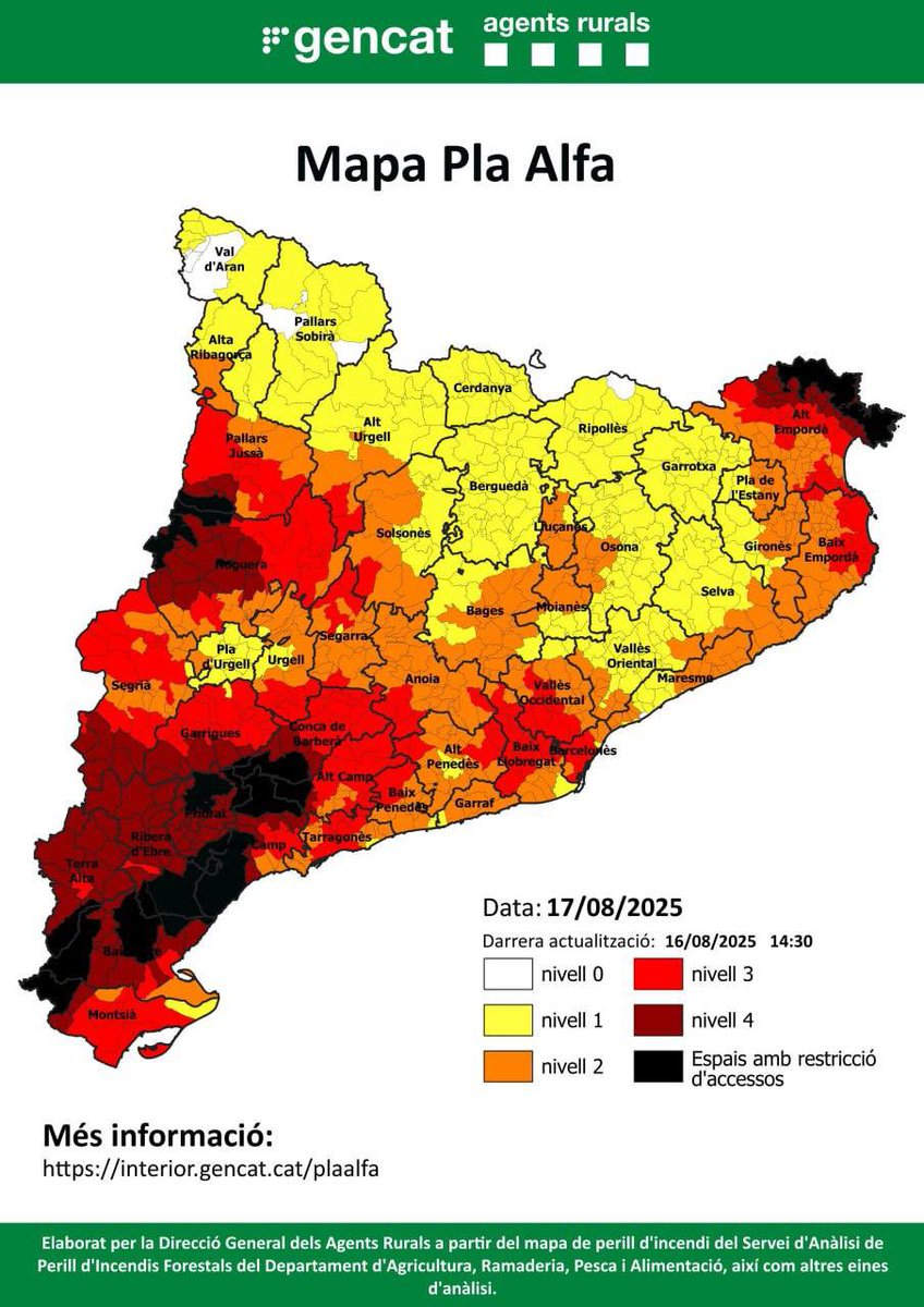 ‼ Risc elevat d’#incendi forestal 🔥 a #Montserrat

🔴 17/8 Activat #PlaAlfa 2 a tots els municipis del <a href="/PNMontserrat/">PN Montserrat</a>

⚠️ Extrema la precaució en activitats al #medi #natural
❌ No encenguis foc
❌ No llencis burilles ni deixalles
📞 Davant qualsevol indici de foc, truca al <a href="/112/">112</a>