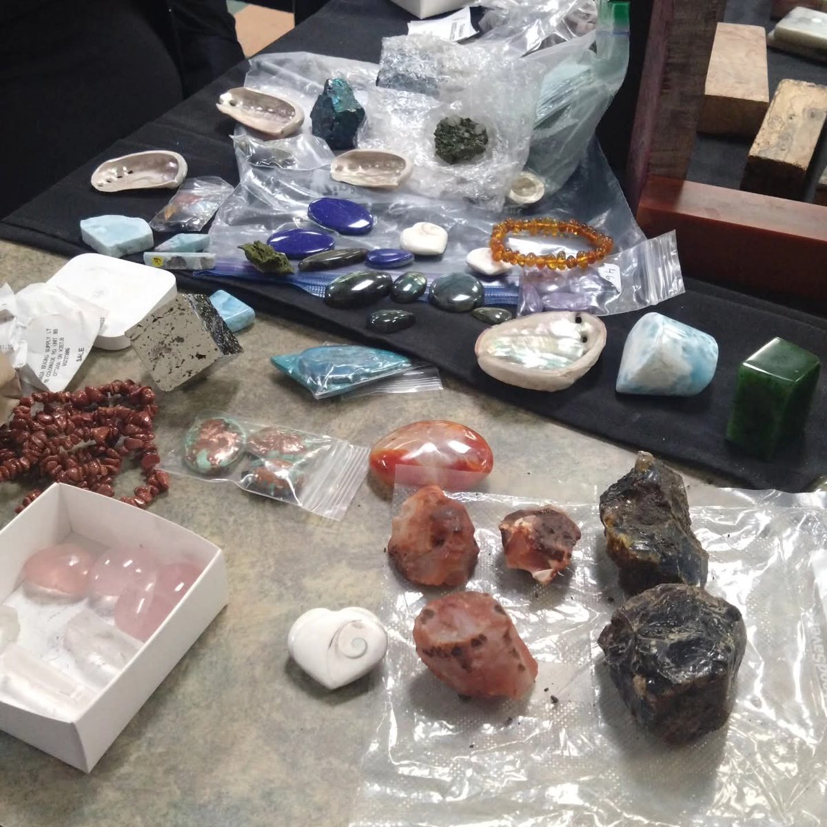 TigersEyeDesign's tweet photo. Not all of the stones and things we got yesterday at the Nova Scotia Gem and Mineral Show and Sale but a fair amount. Now to get to work and do something with them. https://t.co/PeEhIITLgd