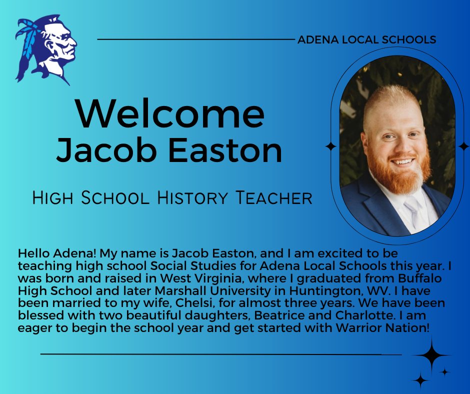 AdenaLocal's tweet image. Join us in welcoming Jacob Easton to Adena Local Schools as our new High School History Teacher!
