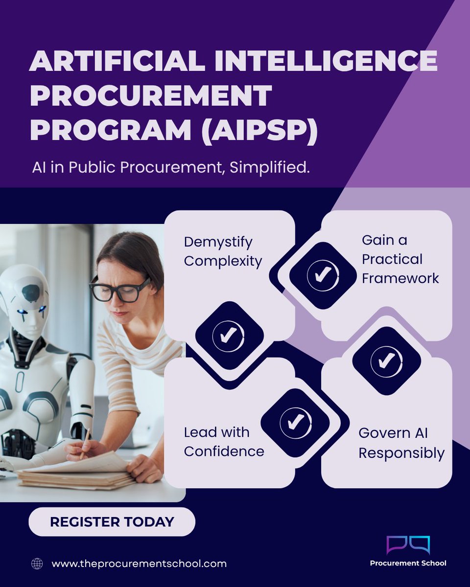 Our Artificial Intelligence for Public Sector Program is a non-technical course designed specifically for leaders. With our Understand, Apply, Govern framework, you’ll build the knowledge and confidence to strategically and responsibly integrate A.I.

theprocurementschool.com/product/aipsp-…