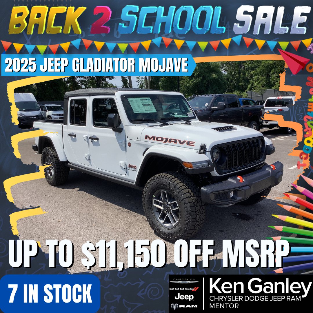 Back 2 School Sale going on now! 2025 Jeep GLADIATOR MOJAVE up to $11,150 OFF MSRP. Contact us to schedule a test drive today! (440) 354-4368

#KenGanleyCDJRmentor #newcars #usedcars #jeep #chrysler #dodge #ram #mentor #ohio

l8r.it/sH5I