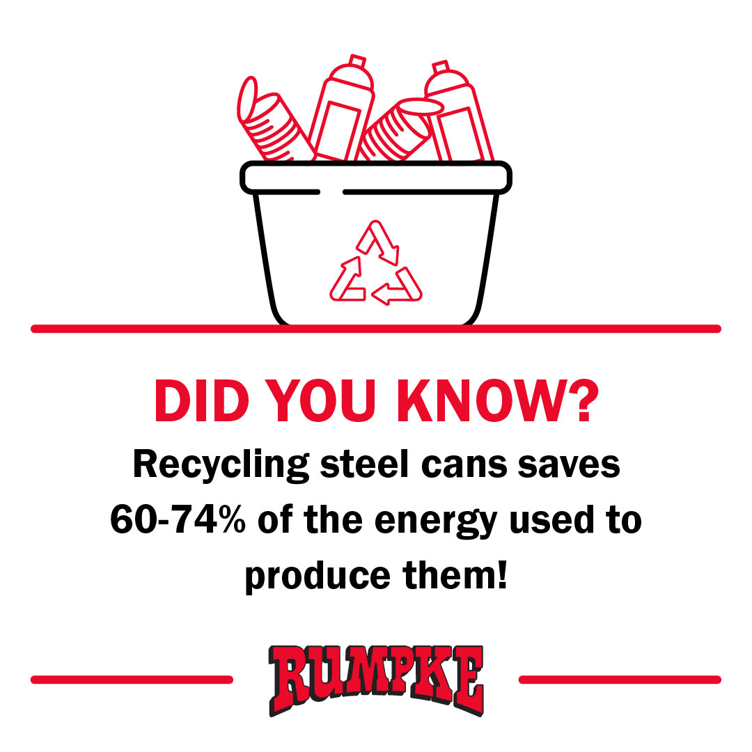 RumpkeNews's tweet image. Recycling steel cans and cups saves 60-74% of the energy used to produce them from raw materials! Imagine the impact you can make by recycling your next soup can, or hairspray container. #RumpkeRecycling ♻️ 🥫