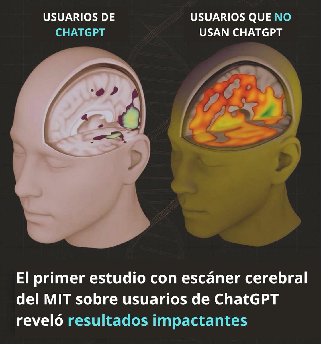 Ben | Solopreneur (@ben_escrito) on Twitter photo 🚨 ChatGPT te vuelve estúpido.
El Instituto de Tecnología de Massachusetts (MIT) acaba de completar el primer estudio con escáner cerebral sobre usuarios de ChatGPT, y los resultados son profundamente reveladores.
En lugar de potenciar la función cerebral, el uso prolongado de 🚨 ChatGPT te vuelve estúpido.
El Instituto de Tecnología de Massachusetts (MIT) acaba de completar el primer estudio con escáner cerebral sobre usuarios de ChatGPT, y los resultados son profundamente reveladores.
En lugar de potenciar la función cerebral, el uso prolongado de