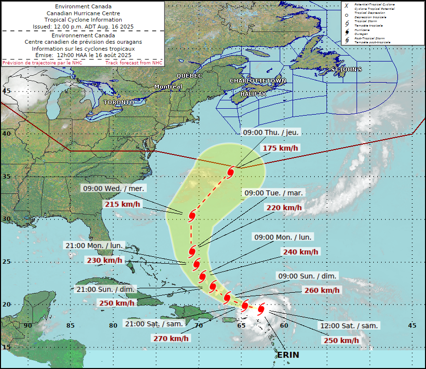 Environment Canada graphic:
NHC Atlantic: Now a Category 5 Hurricane with maximum sustained winds of 160 mph.
CNN: Hurricane Erin is now a rare Category 5. The storm is forecast to at least double or triple in size next week