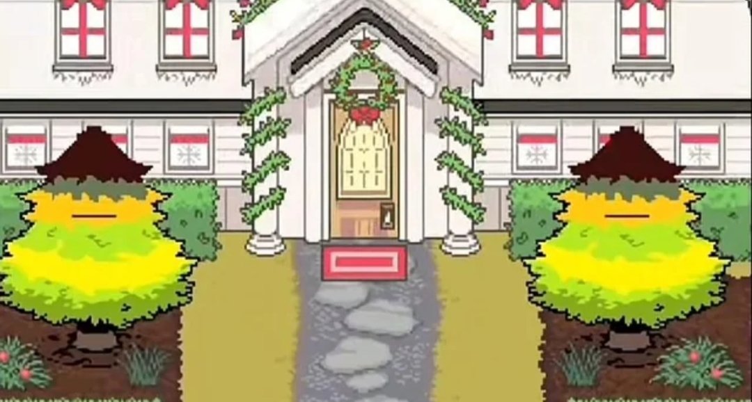 DINOSAURIAUTDR's tweet image. Has anyone pointed out that the trees in front of Noelle&apos;s house look like Kris?