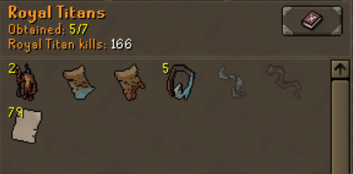 scuffed royal titans log, first pet before necklace or prayers, 2nd pet before any staff pieces