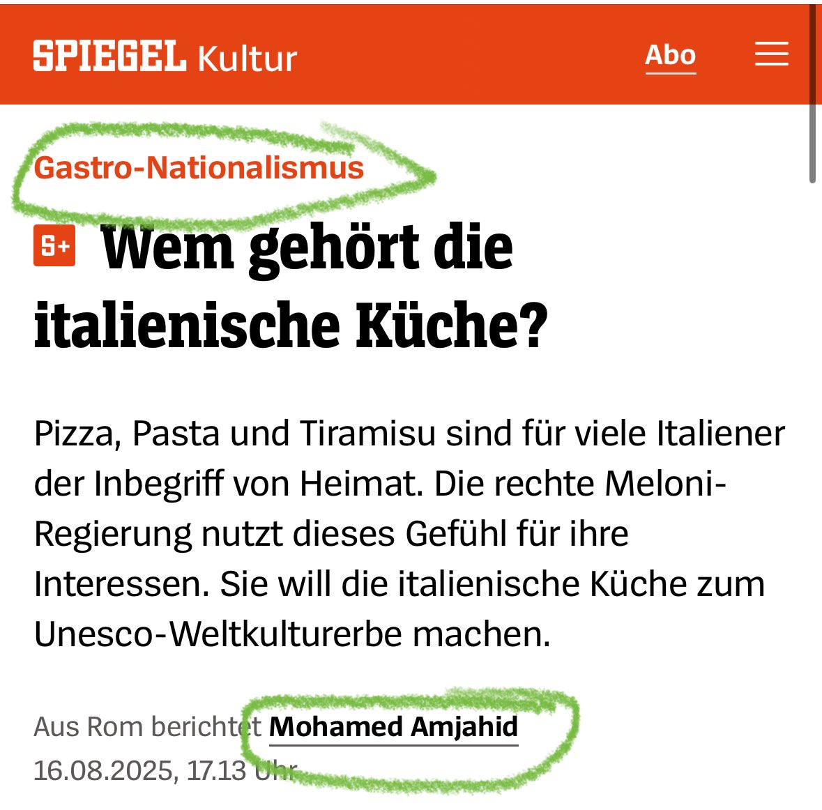 Italien ist stolz auf seine Küche, die halbe Welt macht deswegen in Italien Urlaub, nur Mohamed nennt das einen rechten GASTRO-NATIONALISMUS.