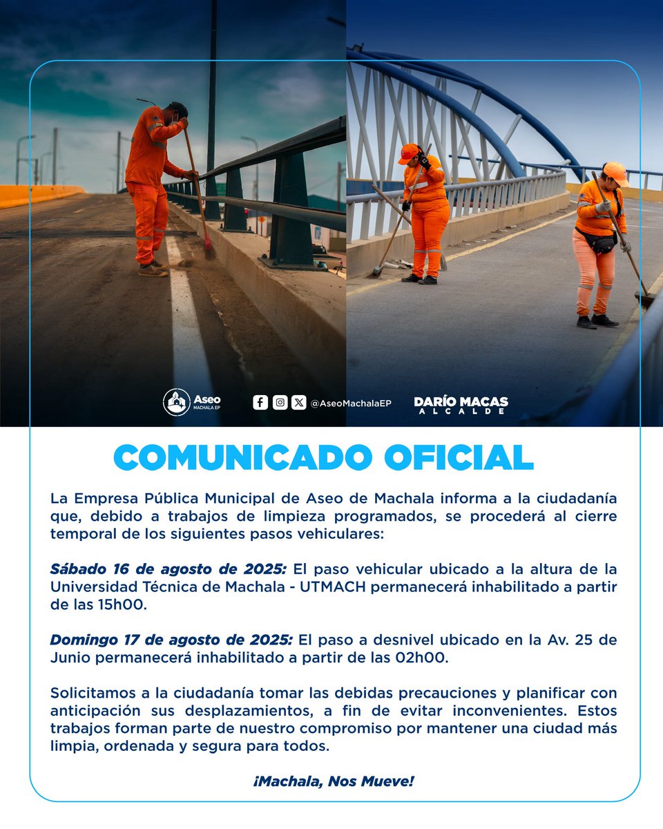 🚧 Atentos 🚧

Por motivos de limpieza, el paso vehicular de la Universidad Técnica de Machala - UTMACH permanecerá cerrado hoy desde las 15h00 y el paso a desnivel de la Av. 25 de Junio desde mañana a las 02h00.

#MachalaNosMueve
#MachalaLaGranCiudad 
#DaríoMacasAlcalde
