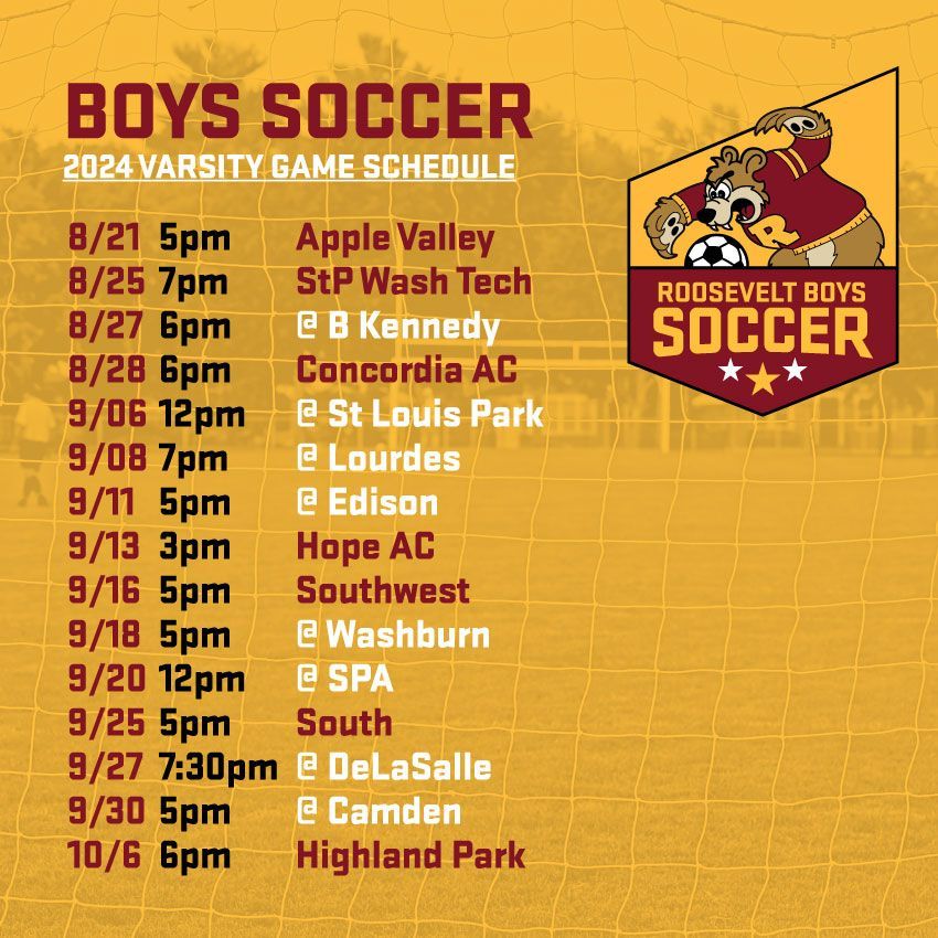 🐻⚽️📣 Teddy Boys Varsity Soccer 2025 Season game schedule. Go Teddies! Info: rhsathletics.com/boyssoccer

#TheVeltMpls #TeddyNation #WeAreRoosevelt