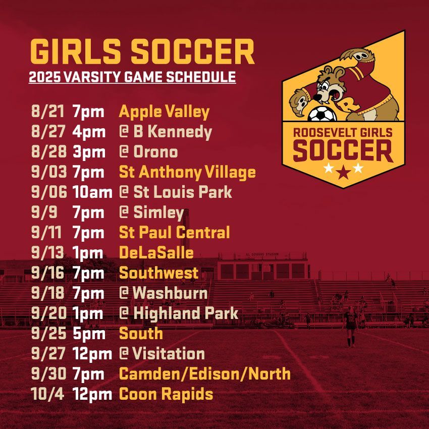 🐻⚽️📣 Teddy Girls Varsity Soccer 2025 Season game schedule. Go Teddies! Info: rhsathletics.com/girlssoccer

#TheVeltMpls #TeddyNation #WeAreRoosevelt