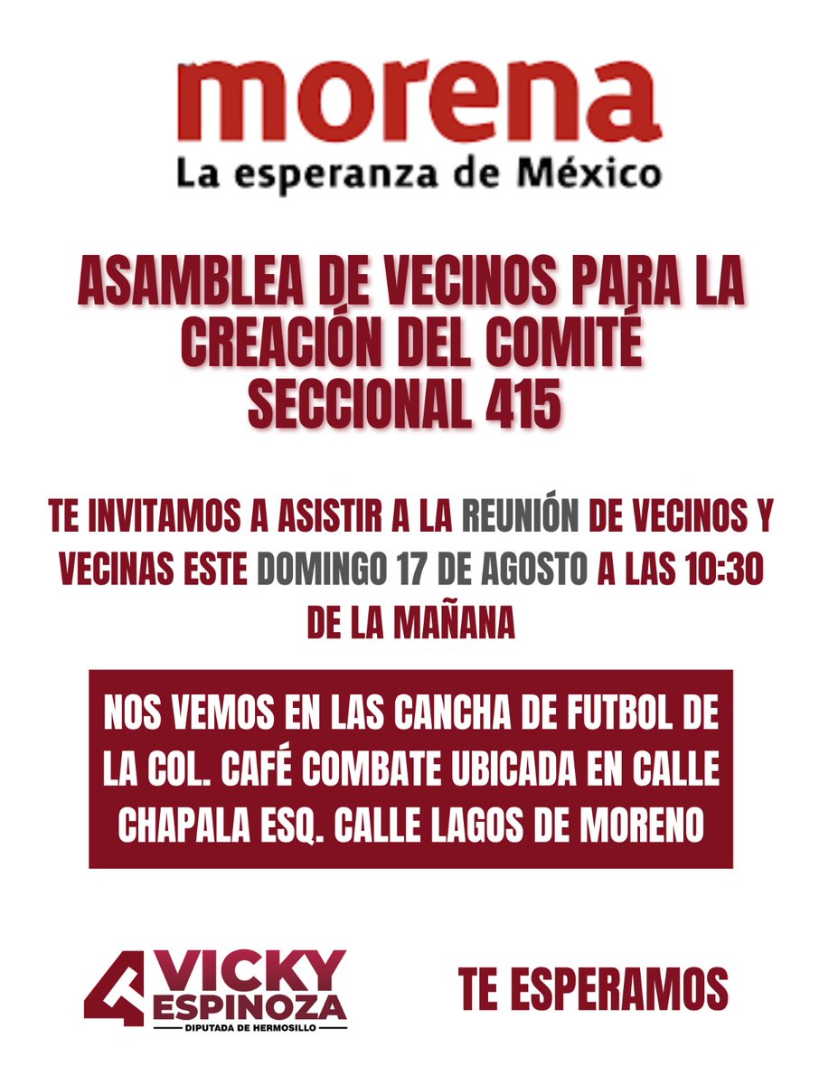 VickyEspinozaHM's tweet photo. Estamos muy contentas en nuestro movimiento 🤗
Mañana iniciamos con conformación de #Comites Seccionales y aprovecho para invitar a los y las vecinas de la seccion 415 a la Asamblea mañana a las 1030 AM en la Cancha de Futbol de la Colonia Café Combate.
Ahi te espero🌟⭐ https://t.co/k4uiOoIJCn