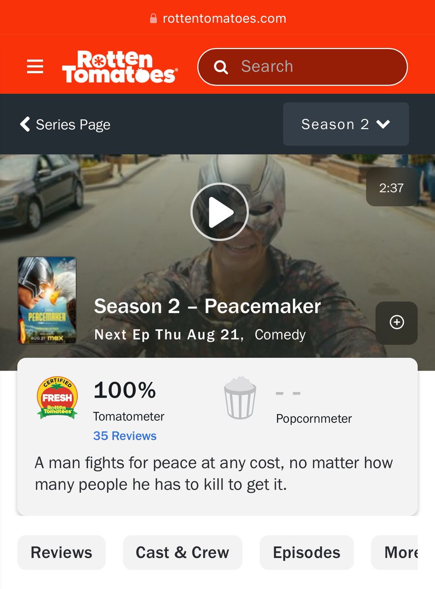 DiscussingFilm's tweet image. ‘PEACEMAKER’ Season 2 is Certified Fresh at 100%

The highest rated TV show of 2025.

Read our review: bit.ly/DFPeace