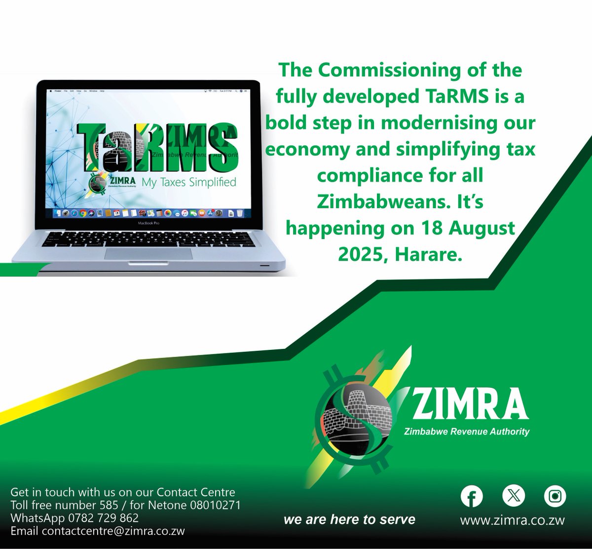 Zimra_11's tweet photo. The commissioning of the fully developed TaRMSis a bold step in modernising our economy and simplifying tax compliance for all Zimbabweans.
🗓️ It’s happening on 18 August 2025, Harare.
#TaRMS #Vision2030 #DigitalZIMRA https://t.co/Iaaq34cUAf