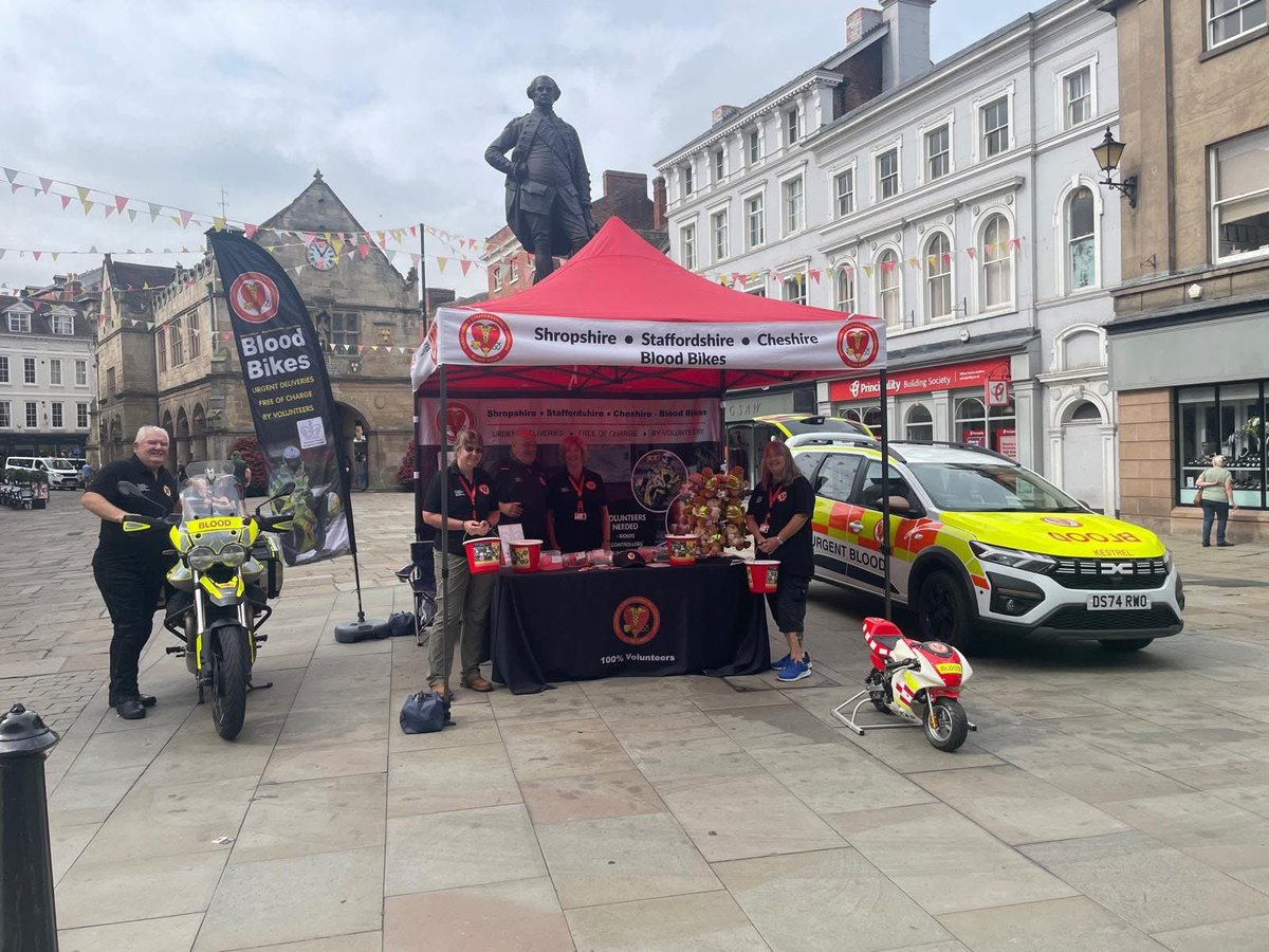 BloodBikesSSCBB's tweet photo. You'll find us in Shrewsbury Square today. Come and find out about the service we give to our local NHS, 100% volunteers. #Shrewsbury #Shropshire https://t.co/hrZWibHmee