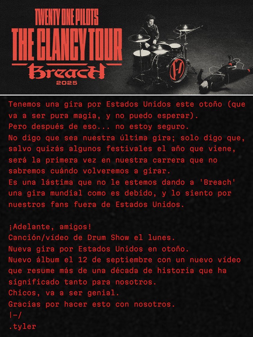 "twenty one pilots":
Porque Tyler Joseph anunció que no harán una gira mundial con su próximo álbum #Breach