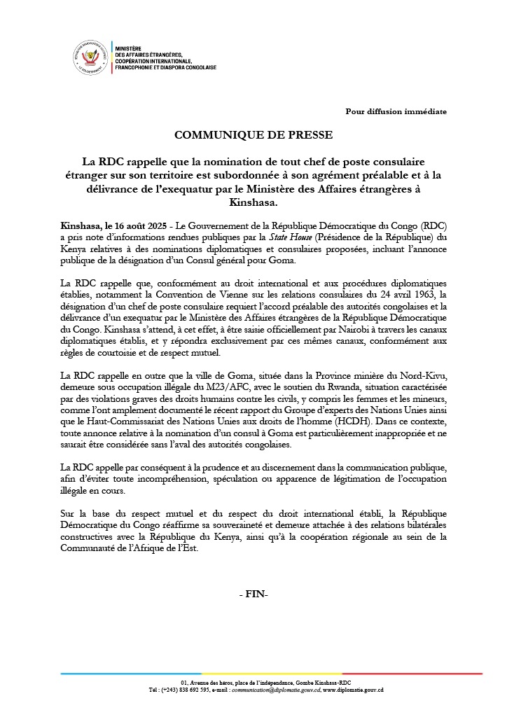 SquareNews82603's tweet photo. 🇨🇩 La RDC rappelle que toute nomination d’un consul étranger sur son territoire doit obtenir son accord officiel.
➡️ Kinshasa rejette l’annonce d’un Consul kényan à Goma, toujours sous occupation illégale du M23 soutenu par le Rwanda.
#RDC #Diplomatie https://t.co/prEthwu5af