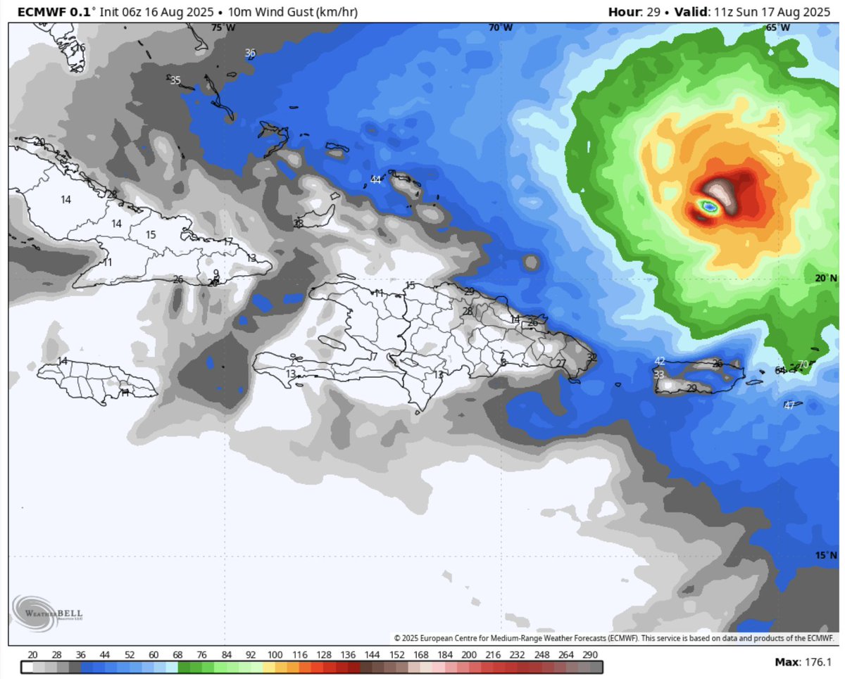 Let's talk #Erin impacts now. A Category 5 #hurricane passing 100-150 miles north of the islands won't just yield up to 6 inches (150 mm) of rain. There will be wind gusts potentially to 70 mph (115 km/hr). This is for the northern Leewards, USVI, BVI, and the PR archipelago.