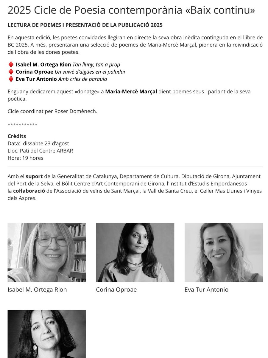 📢📢📢 2025 Cicle de Poesia Contemporània “Baix Continu”
👉🏽 Amb: Isabel M. Ortega Rion, <a href="/CorinaOproae/">Corina Oproae</a> i Eva Tur Antonio
🗓 Dissabte, 23 d’agost a les 19 h
📍Pati del Centre ARBAR <a href="/portdelaselva/">El Port de la Selva</a>