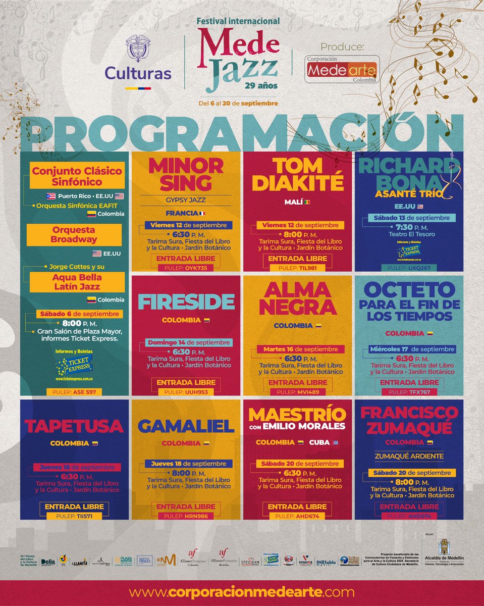 🥁 Con alegría hacemos oficial la programación del #MedeJazz2025, los esperamos para compartir esta gran fiesta musical 🥁 

<a href="/mincultura/">MinCultura Colombia</a> <a href="/AlcaldiadeMed/">Alcaldía de Medellín</a> @fiestadelibro <a href="/salsaconestilo/">SalsaConEstilo.com</a> <a href="/plazamayor/">Plaza Mayor Company</a>
