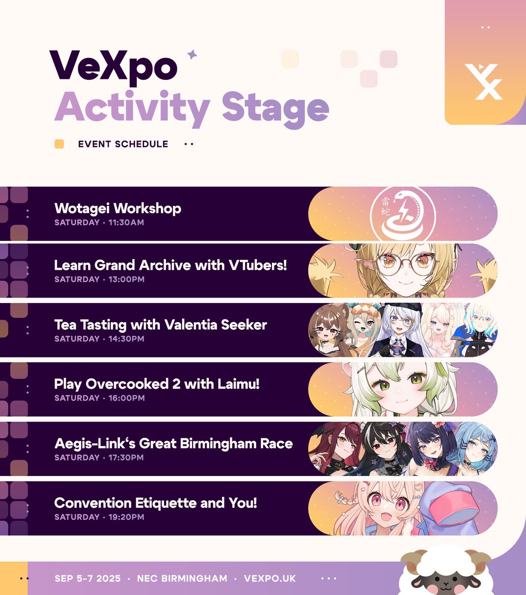 Vtuber_Expo's tweet image. [Activity Stage schedule]
Game play, Tea tasting, challenges and Wotagei? In Birmingham?!

You asked and we delivered. 🧡 All the handy info you need for the activity stage (SATURDAY 6TH September) is here! Check said graphic for more info.

#VeXpo2025

@aniwazaofficial…