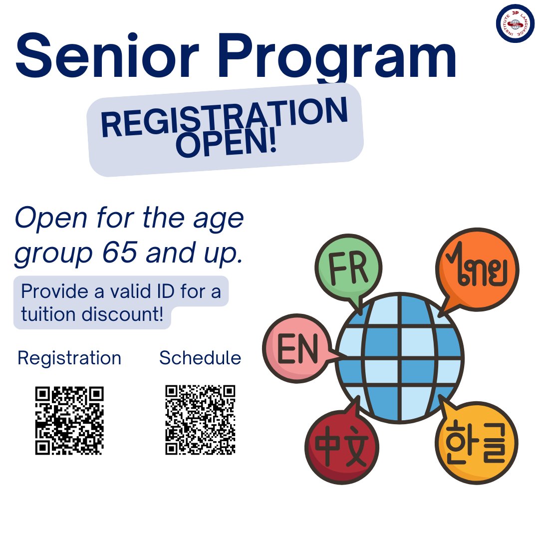 JPLIUSA's tweet image. Our Senior Program is now open for registration! This program is for those who are aged 65 and older. If you provide us with a valid ID, we will offer a tuition discount! Register now!

#seniorprogram #language #languagelearning #languageschool #longisland #nyeducation #jpli
