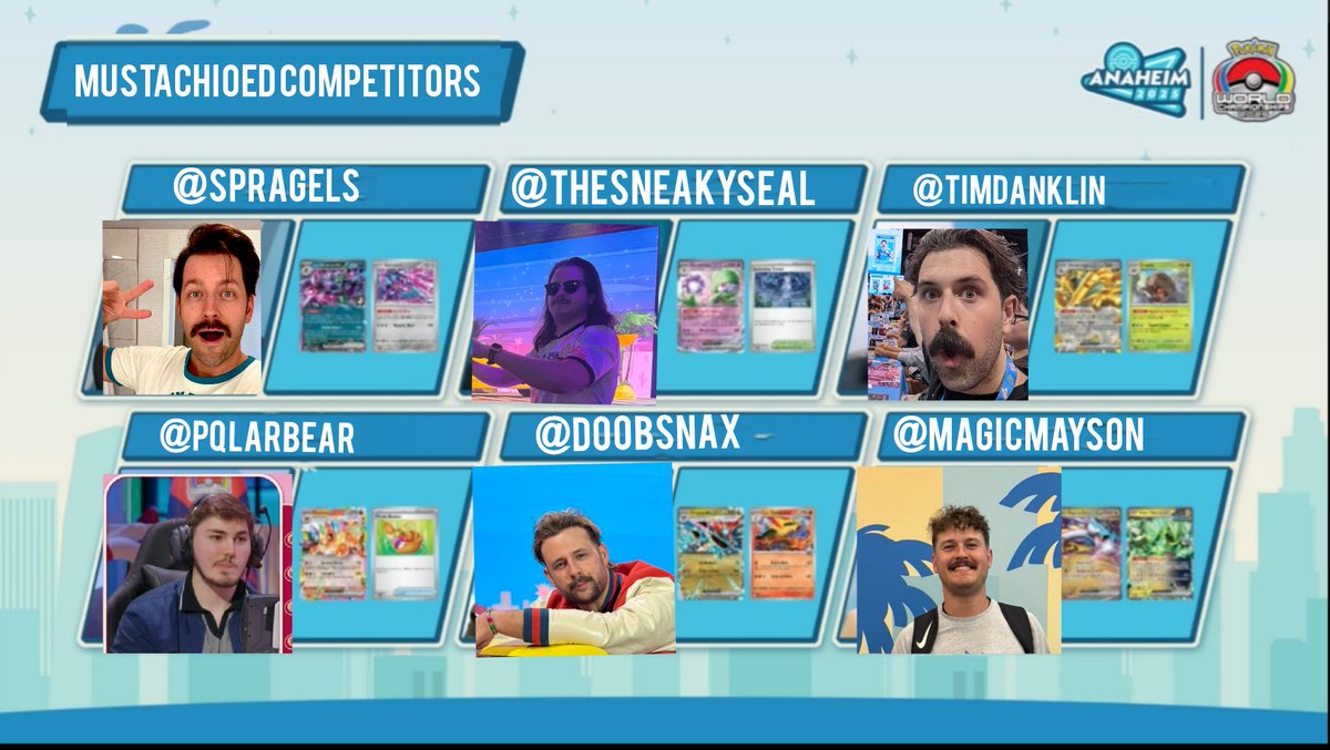 Good luck to all the competitors in day 2 of the Pokemon Mustache World Championships in Anaheim!! #PlayPokemon #PokemonWorlds

Shoutout to our top competitors <a href="/spragels/">spragels The Content Cowboy</a> <a href="/TheSneakySeal/">SneakySeal 🇵🇸</a> <a href="/TimDanklin/">TimDanklin</a> <a href="/PqlarBear/">Gio 🐻‍❄️</a> <a href="/doobsnax/">🍿Kirk</a> <a href="/MagicMayson/">MagicMayson ‘Dream Eater’</a> 

Can't wait to see the matches today!!
