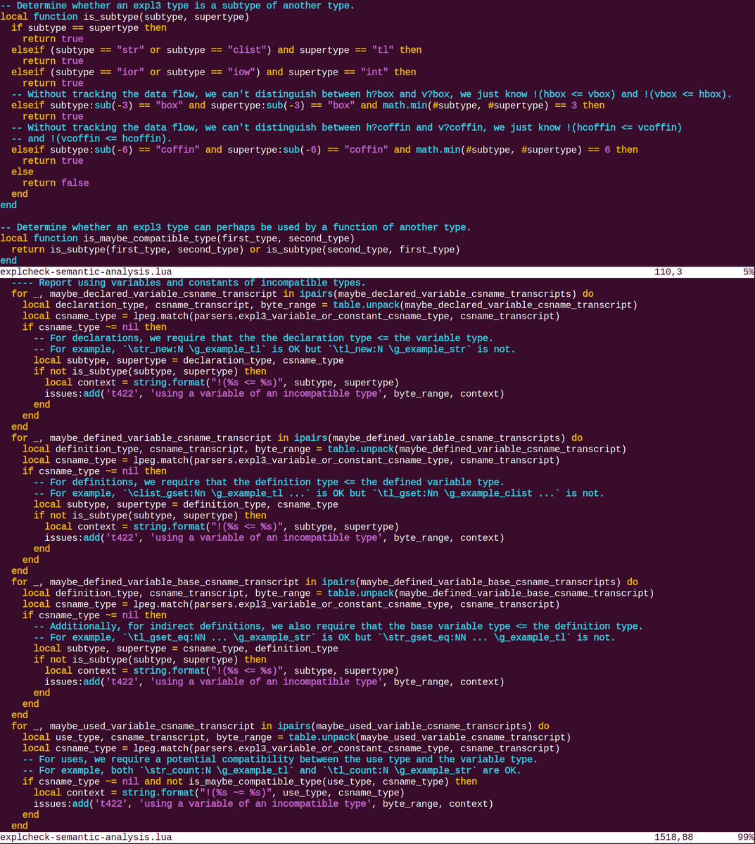 tvitecnik's tweet image. My first attempt at formalizing expl3&apos;s type system in explcheck fits onto just 74 lines of Lua code and seems to work OK. #LaTeX #expl3 #programming #TeXLaTeX