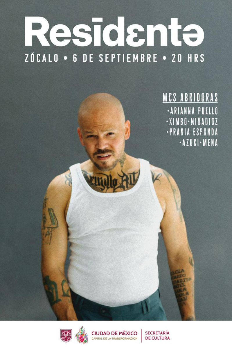 CulturaCiudadMx's tweet photo. 🎤✨ ¡@Residente llega al Zócalo de la #CapitalDeLaTransformación! 

El icónico rapero puertorriqueño prenderá el máximo escenario público de la Ciudad de México con su lírica cargada de mensaje social y ritmos que han marcado generaciones.

Después de más de 20 años de trayectoria y su exitoso álbum "Las letras ya no importan" (2024), Residente ofrecerá un concierto lleno de conciencia, crítica y energía imparable.

🔥 Para abrir la noche, el colectivo femenino Mujer en Cypher —con Arianna Puello, Ximbo, Niña Dios, Prania Esponda, Azuki y Mena— combinará barras, beats y resistencia en un espectáculo único.

🗓 Sábado 6 de septiembre, 2025
⏰ 20 horas
📍 Zócalo 
#EntradaLibre