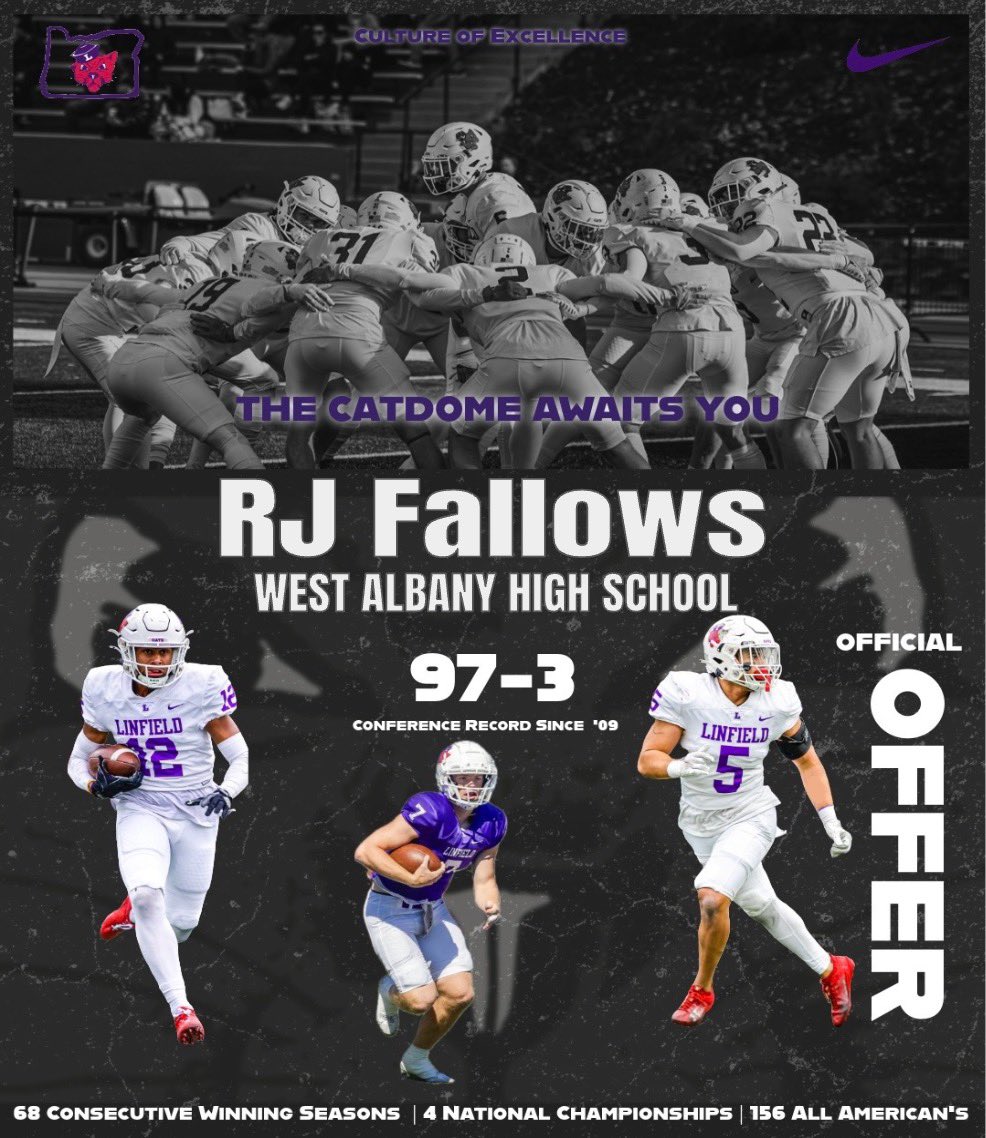 RJ Fallows (@rjfallows1) on Twitter photo After a great talk with <a href="/JettSearle1/">Jett searle</a> I’m excited to announce I’ve received my second offer to play at the next level from <a href="/LinfieldFB/">Linfield Football</a>!
<a href="/CoachSmithCats/">Coach Joseph Smith</a> <a href="/BrandonHuffman/">Brandon Huffman</a>
<a href="/PrepRedzoneOR/">Prep Redzone Oregon</a> After a great talk with <a href="/JettSearle1/">Jett searle</a> I’m excited to announce I’ve received my second offer to play at the next level from <a href="/LinfieldFB/">Linfield Football</a>!
<a href="/CoachSmithCats/">Coach Joseph Smith</a> <a href="/BrandonHuffman/">Brandon Huffman</a>
<a href="/PrepRedzoneOR/">Prep Redzone Oregon</a>