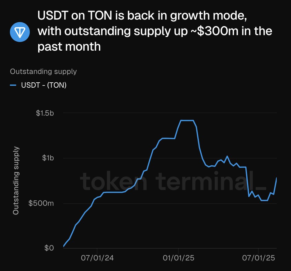 图表显示 TON 上的 USDT 流通量增长 3 亿美元