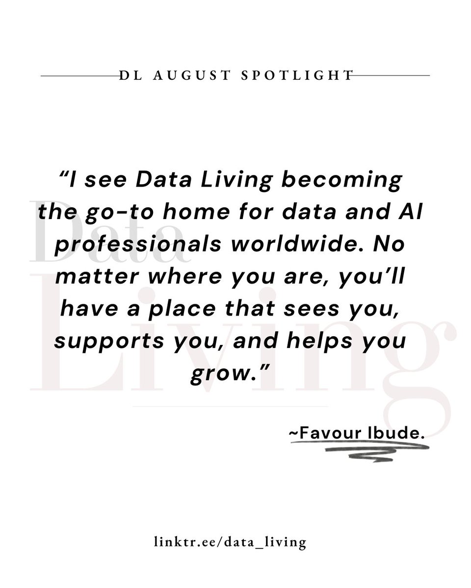 Data Living (@dataliving) on Twitter photo Meet our #DataLivingspotlight for the Month of August
Meet Favour Ibude <a href="/data_living/">Favour Ibude</a> – Our Founder & Community Builder. Meet our #DataLivingspotlight for the Month of August
Meet Favour Ibude <a href="/data_living/">Favour Ibude</a> – Our Founder & Community Builder.