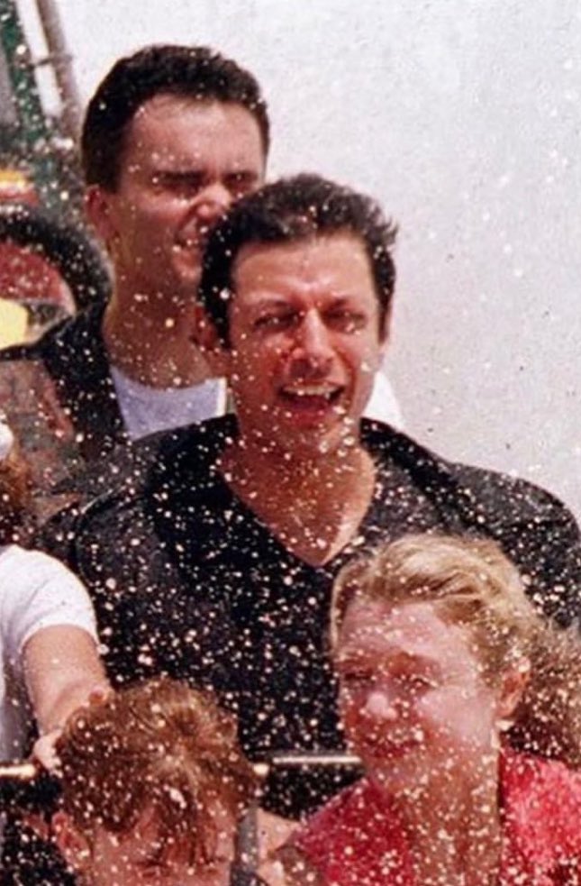 Pure joy looks like Jeff Goldblum riding JURASSIC PARK: THE RIDE for the first time.