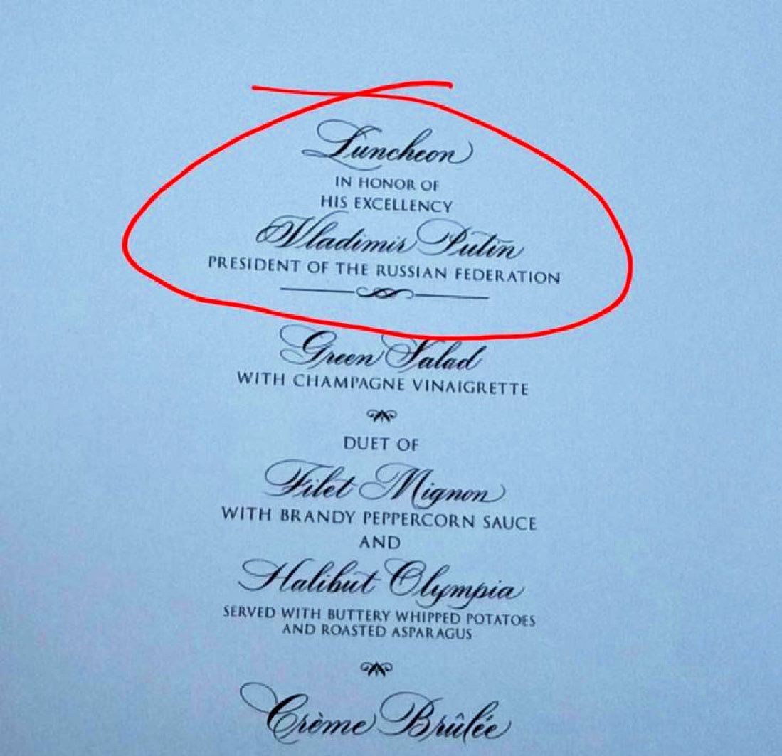 Trumps team referred to Putin as “his excellency” on the official pamphlet schedule for Alaska. This summit took place while russia bombed civilian homes across Ukraine. What an absolute fucking disgrace