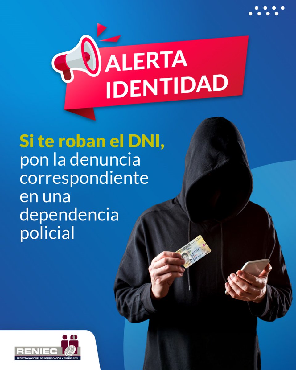 ReniecPeru's tweet photo. 👉 No basta con tramitar tu duplicado de DNI: protege tu identidad y realiza la denuncia en la @PoliciaPeru. #AlertaIdentidad https://t.co/ieXVTaAbDv
