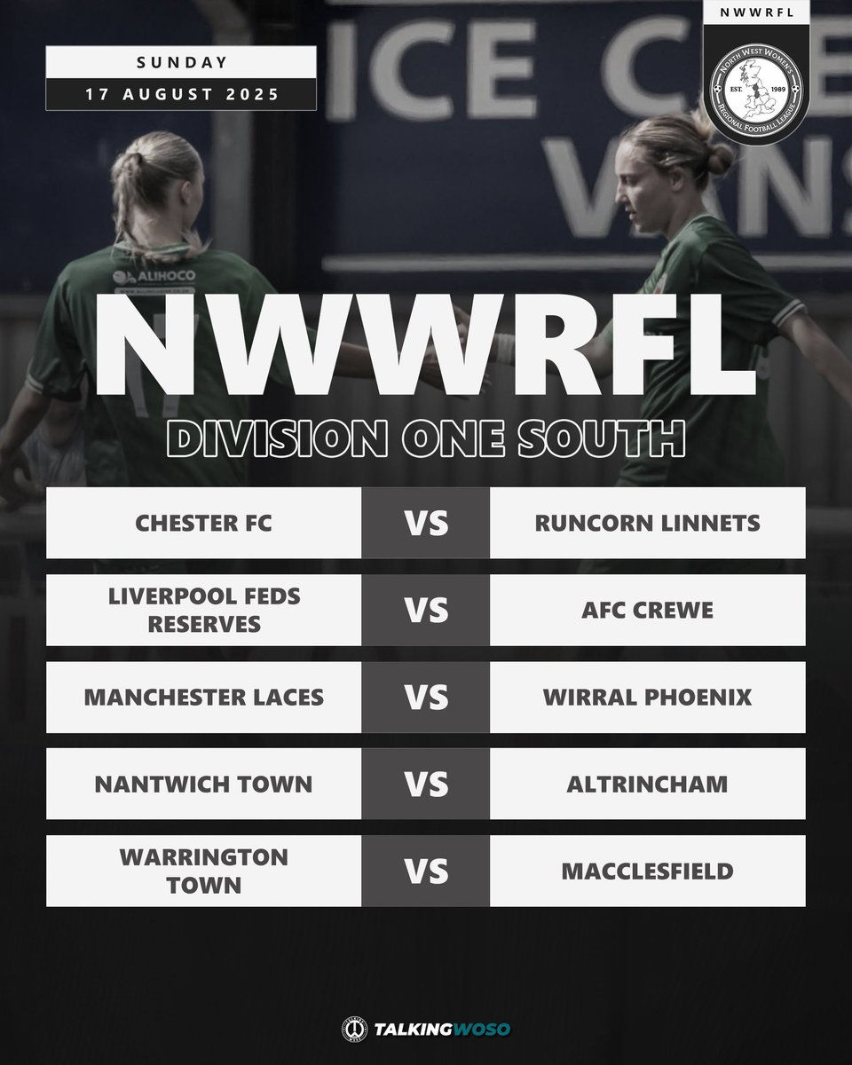 Talking WoSo (@talkingwoso) on Twitter photo 𝗙𝗜𝗫𝗧𝗨𝗥𝗘𝗦 | North West Women's Regional Football League
Opening day fixtures in the NWWRFL as the 2025-26 season gets underway. 🤩
#NWWRFL | <a href="/NWwomen_league/">North West Women's Regional Football League</a> 𝗙𝗜𝗫𝗧𝗨𝗥𝗘𝗦 | North West Women's Regional Football League
Opening day fixtures in the NWWRFL as the 2025-26 season gets underway. 🤩
#NWWRFL | <a href="/NWwomen_league/">North West Women's Regional Football League</a>