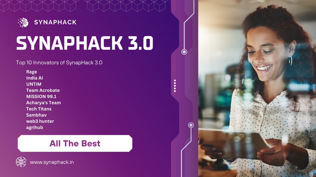SynapHack's tweet photo. Along with all qualifiers, we’re bringing in 10 Best Idea Teams 💡
These special teams will also join Round 2 and take the challenge ahead! ⚡🔥
#SynapHack #Hackathon https://t.co/ixxmSoPrzI