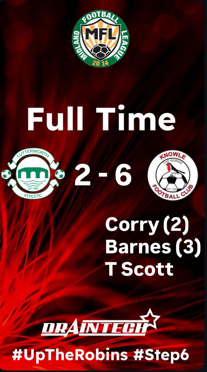 Knowle_FC's tweet photo. In case you hadn’t guessed…

FULL TIME

@LutterworthAFC 2 - 6 Knowle

Another win for the Robins, six goals including a brace for Nath Corry and a hattrick for Odane Barnes.

Sorry about the delay……admin is out with the family and is getting regular digs in the ribs! https://t.co/edtH8BCPYk