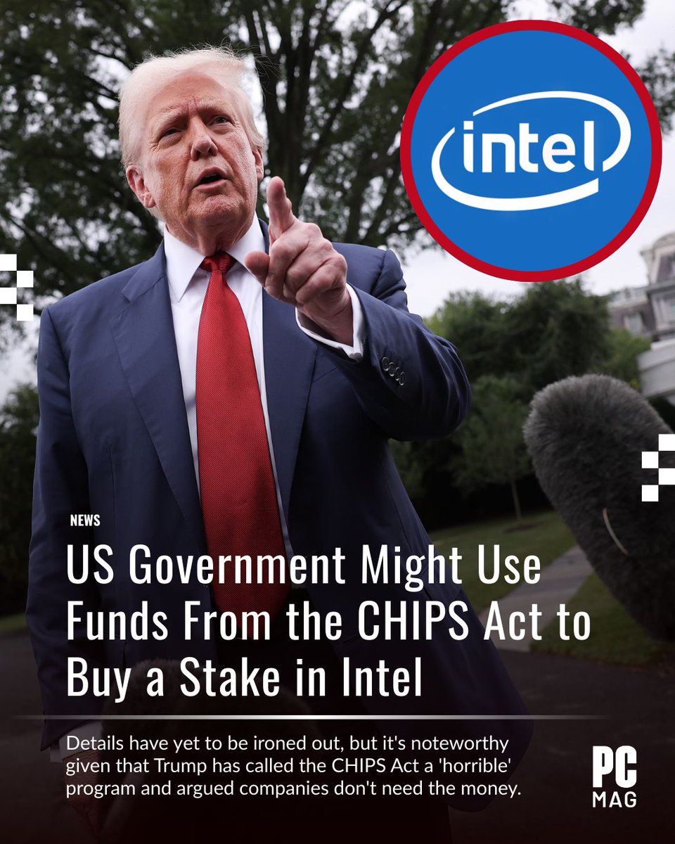 PCMag's tweet photo. August has been turbulent for #Intel – after telling its CEO to resign then reversing, President #Trump is now weighing a US gov stake in the chipmaker, possibly using #CHIPSandScienceAct funds.
🔗 https://t.co/ZABTvnnAST https://t.co/eZ4ljxBUuh
