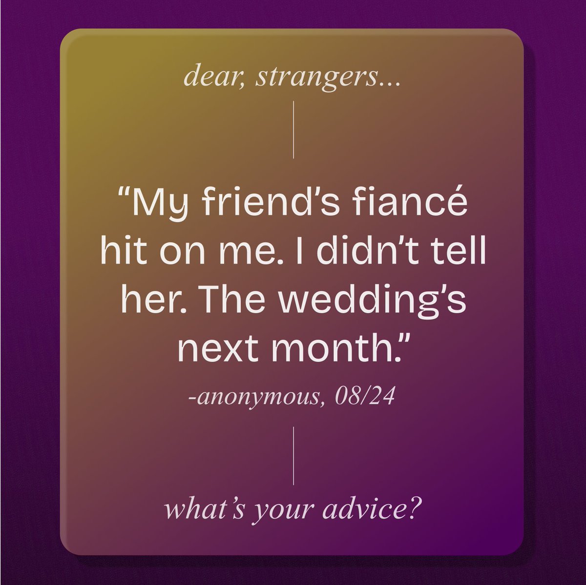 dear__strangers's tweet photo. Strangers, what's your take? 💍

#confessions #confession #advice #strangershelpingstrangers #strangers #spill #helping #fromonestrangertoanother #helpyallgain #strangerconfessions #helpful #stranger https://t.co/AopcR2BfNi