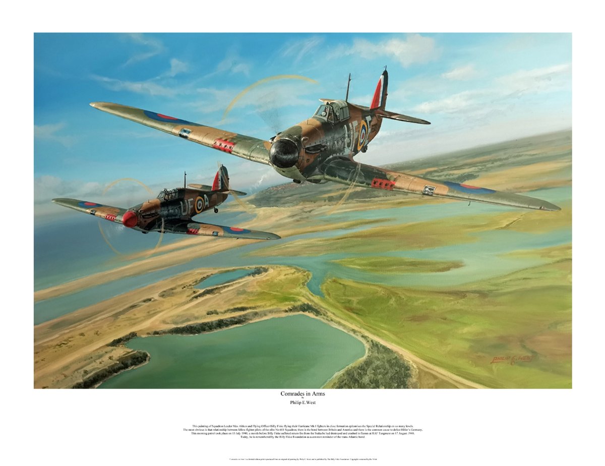Comrades in Arms, by Philip E. West. This painting of Squadron Leader Max Aitken and Flying Officer Billy Fiske flying their Mk I fighters in close formation epitomises the Special Relationship on so many levels. #WW2 #BillyFiske #BattleofBritain