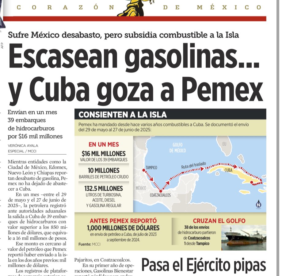 jgnaredo's tweet photo. Pemex envía y vende gasolina y crudo a muchísimos países en el mundo, pero los de @Reforma aprovechan que un inconveniente de logística de un día en México es porque se manda combustible a Cuba. 

Eso que hace Reforma es mentir. Es desinformar.

Eso no es periodismo. https://t.co/WV1y9syPpa