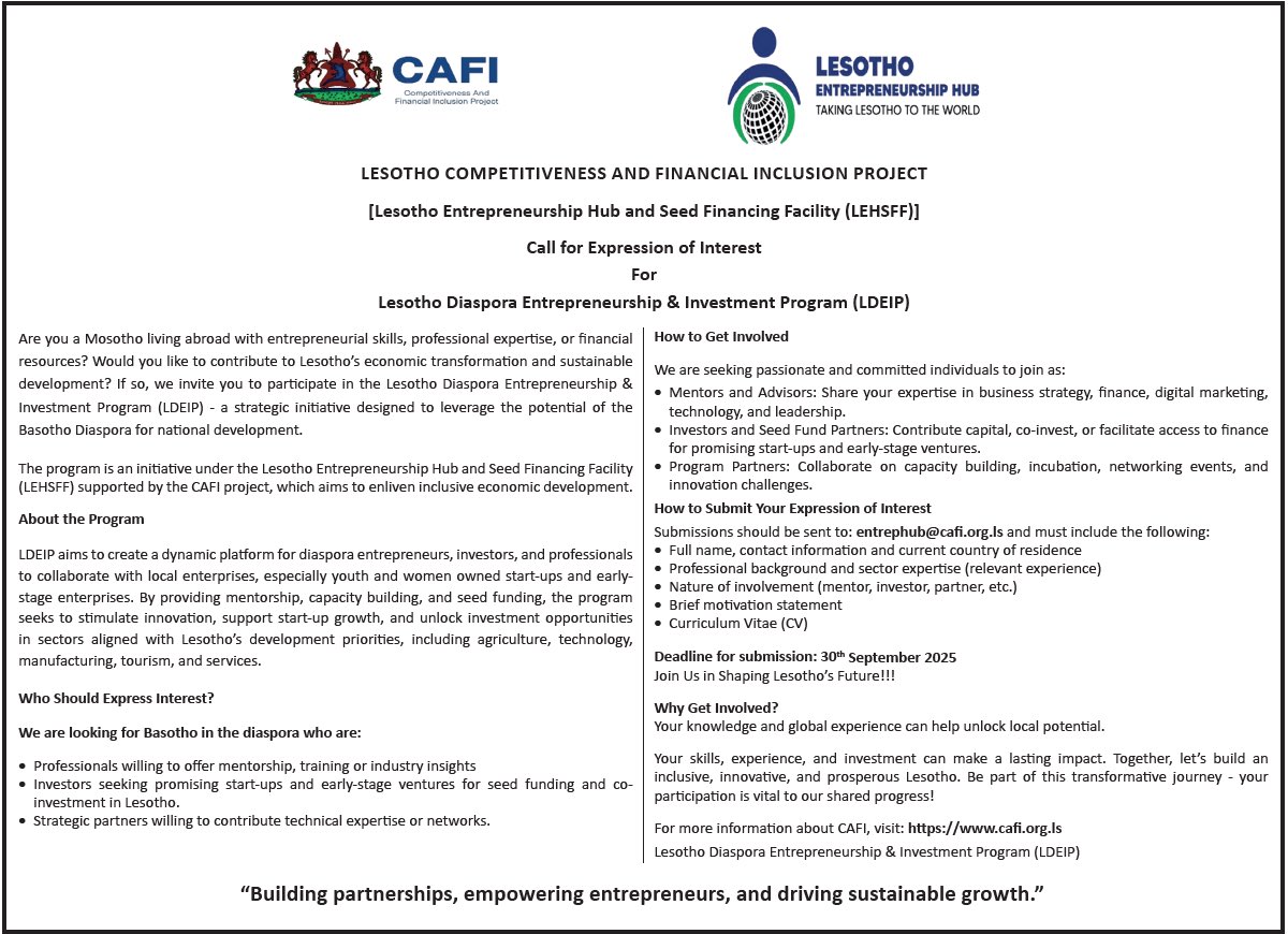 We invite Basotho living abroad to participate in the Lesotho Diaspora Entrepreneurship &amp; Investment Program (LDEIP) - a strategic initiative designed to leverage the potential of the Basotho  Diaspora for national development. #Lesotho #Mosotho #diasporaengagement #lstwitter