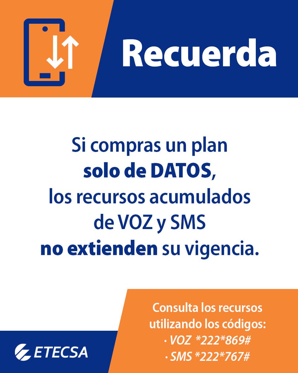 ⚠️Atención ⚠️
📍Recuerda colsultar🔎 la vigencia de cada uno de los recursos 🗣🌐📩 de tu móvil📱
✍️Te sugerimos, adquirir al menos una vez al mes 🗓 el plan de 120CUP a través de USSD, para q extiendas la vigencia de todos‼️📲 #EtecsaConCuba 💙🇨🇺
#ConsejoÚtil 😉