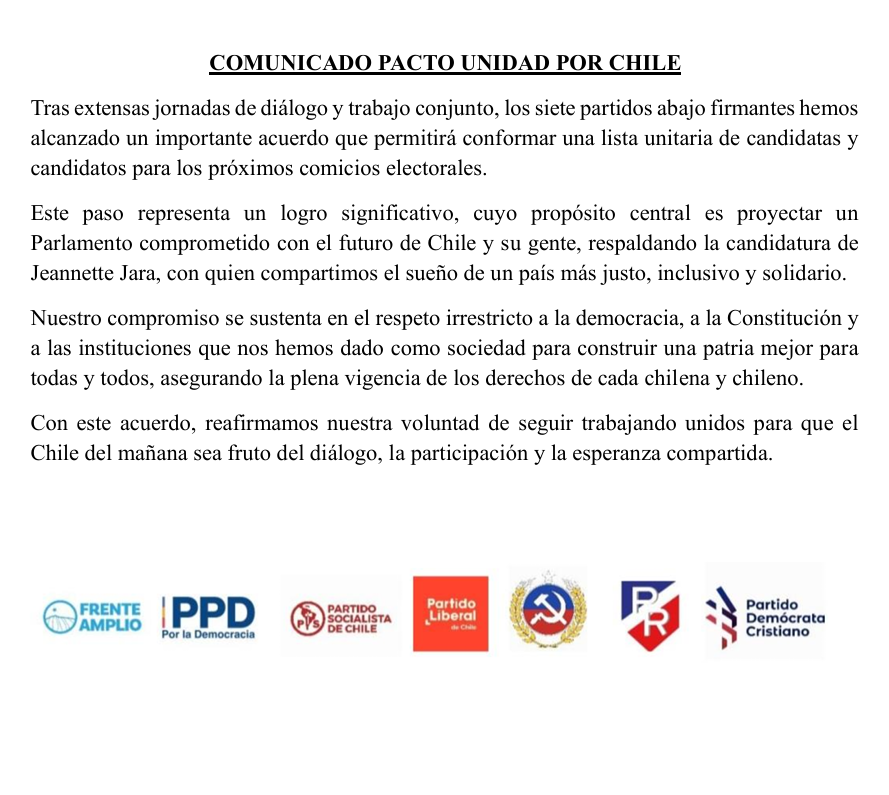 📝 Compartimos un comunicado del pacto "Unidad por Chile" que inscribió, esta mañana en el Servel, sus candidaturas parlamentarias.
#UnidadPorChile