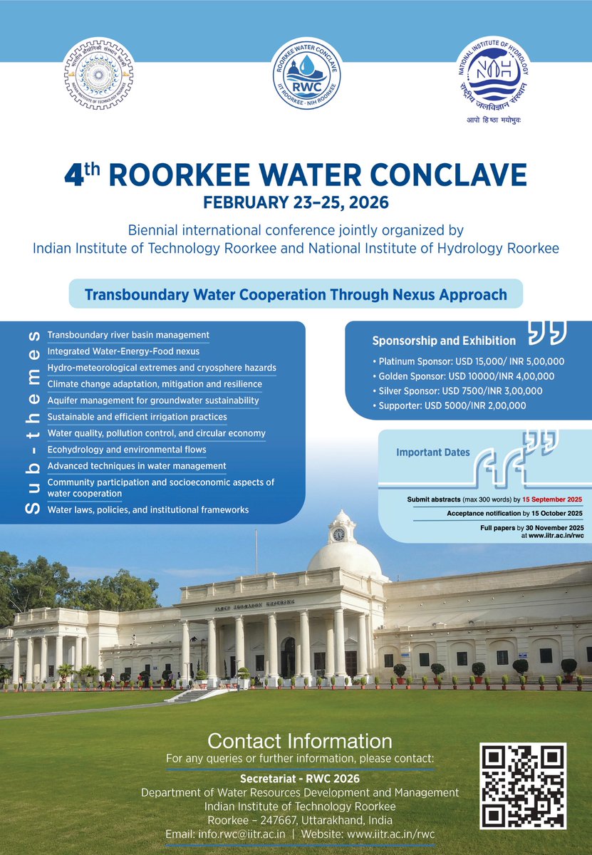 📢 Deadline Extended!
Submit your abstracts for Roorkee Water Conclave by Sept 15, 2025.
📝 Full-length papers will be considered for the Springer book &amp; a peer-reviewed journal. Don’t miss out!
#RoorkeeWaterConclave #Research #Springer